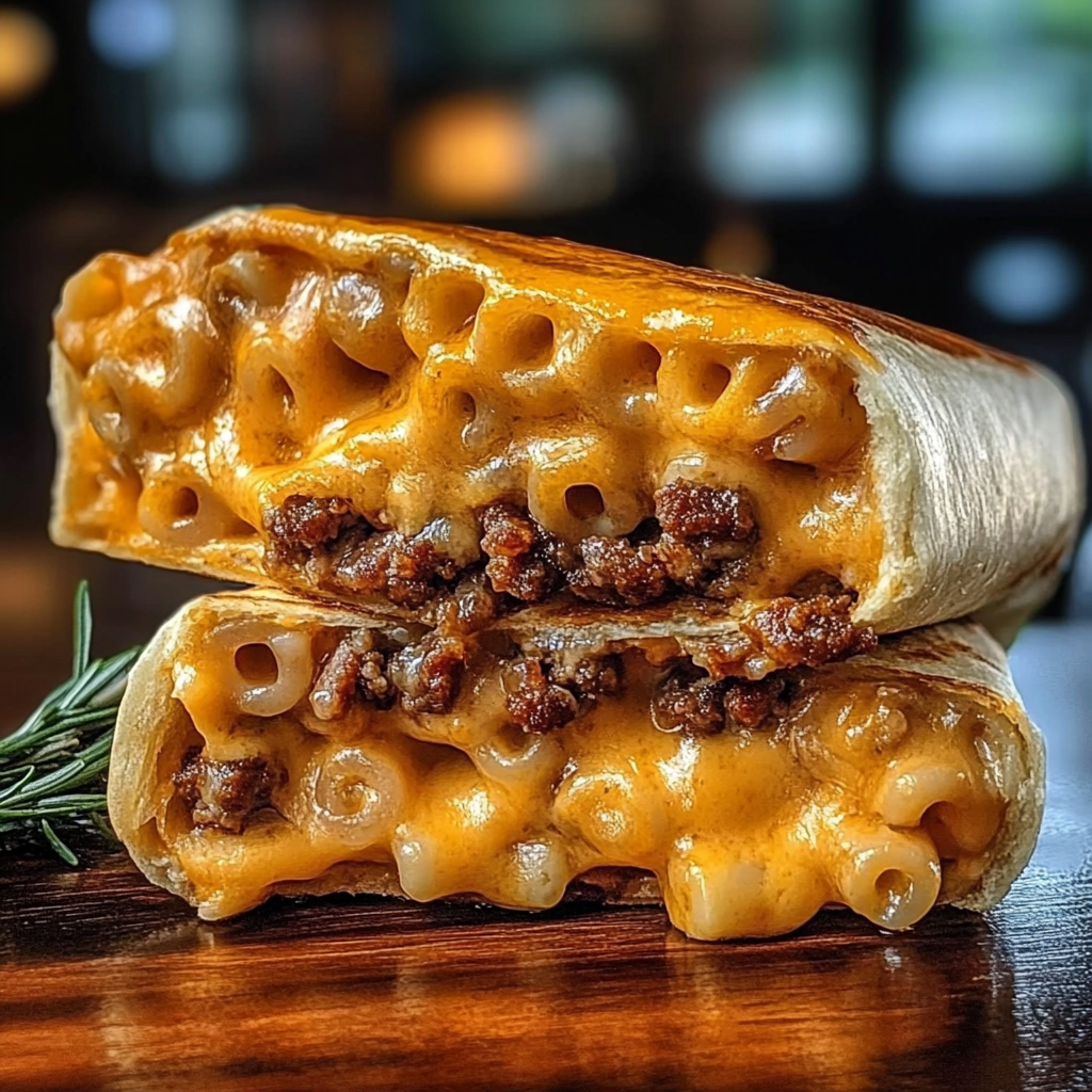 Recipe preparation for Bacon Mac n Cheese Burger Wrap
