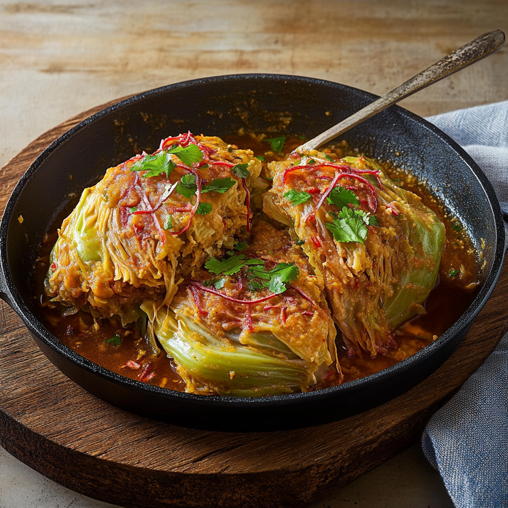 Recipe preparation for Cashew Milk–Braised Cabbage With Crunchy Chile Oil