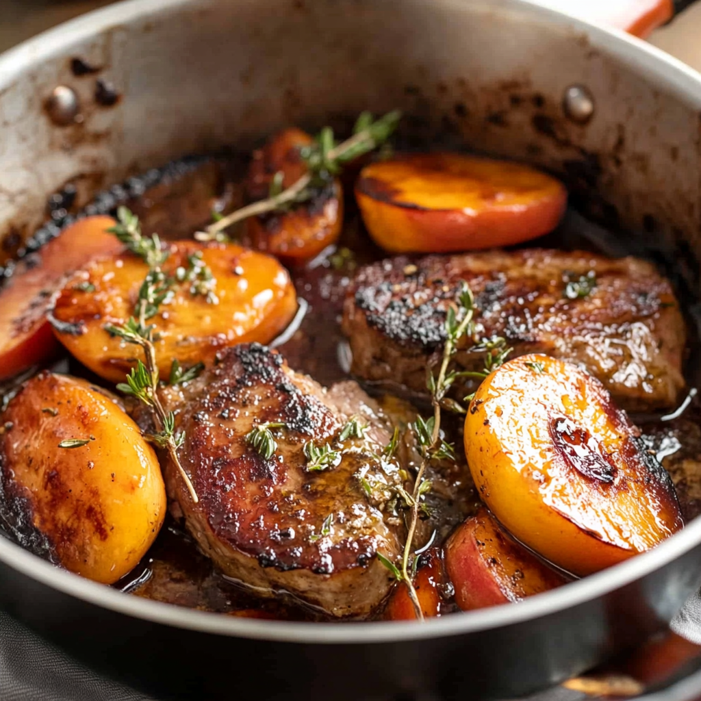 Recipe preparation for Skillet Balsamic Pork Chops with Peaches and Gorgonzola Cheese