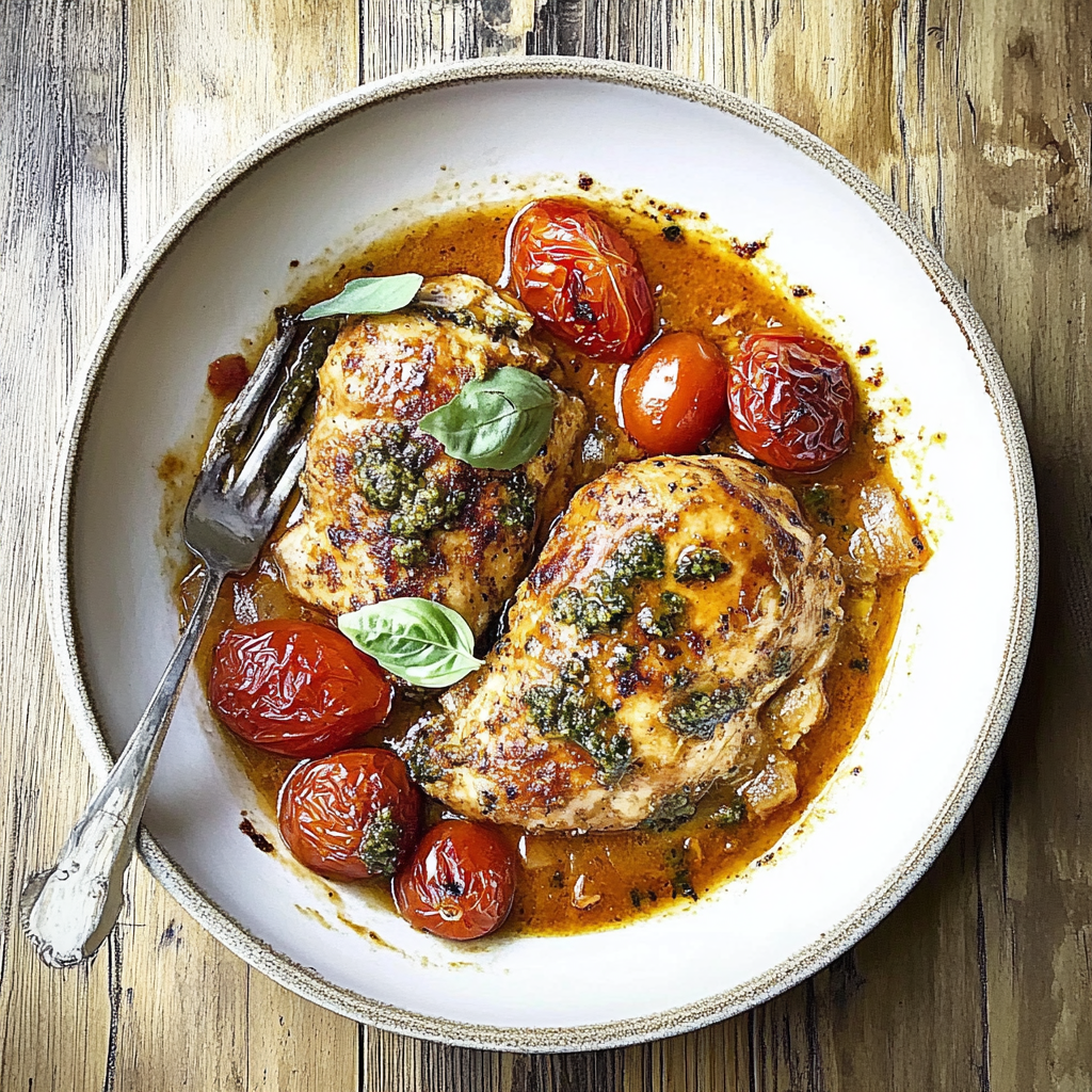 Recipe preparation for Creamy Pesto Chicken With Roasted Tomatoes