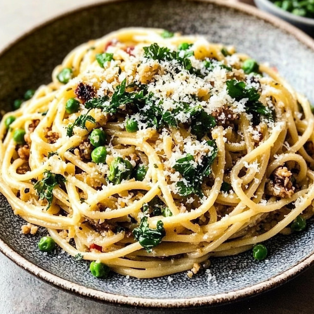 Recipe preparation for Garlic Cream Bucatini with Peas and Asparagus