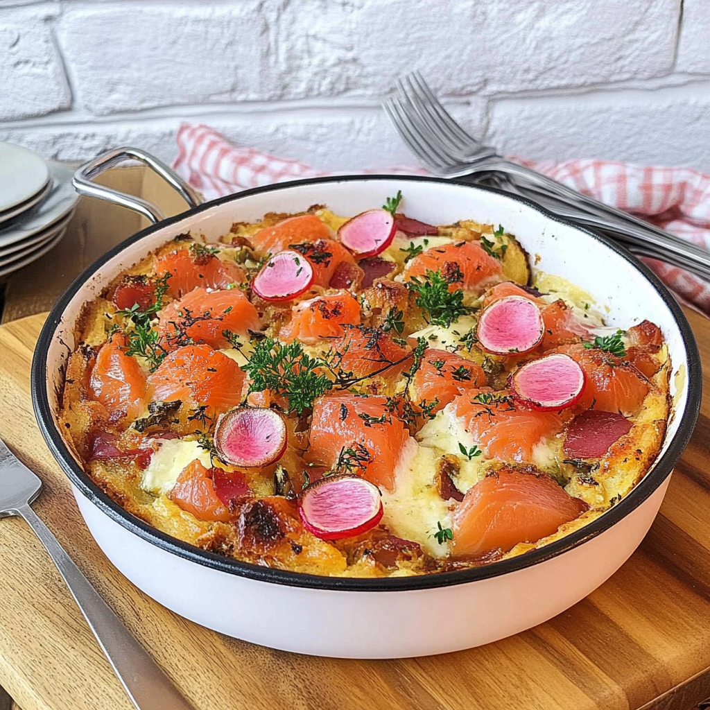 Recipe preparation for Elegant Smoked Salmon Strata