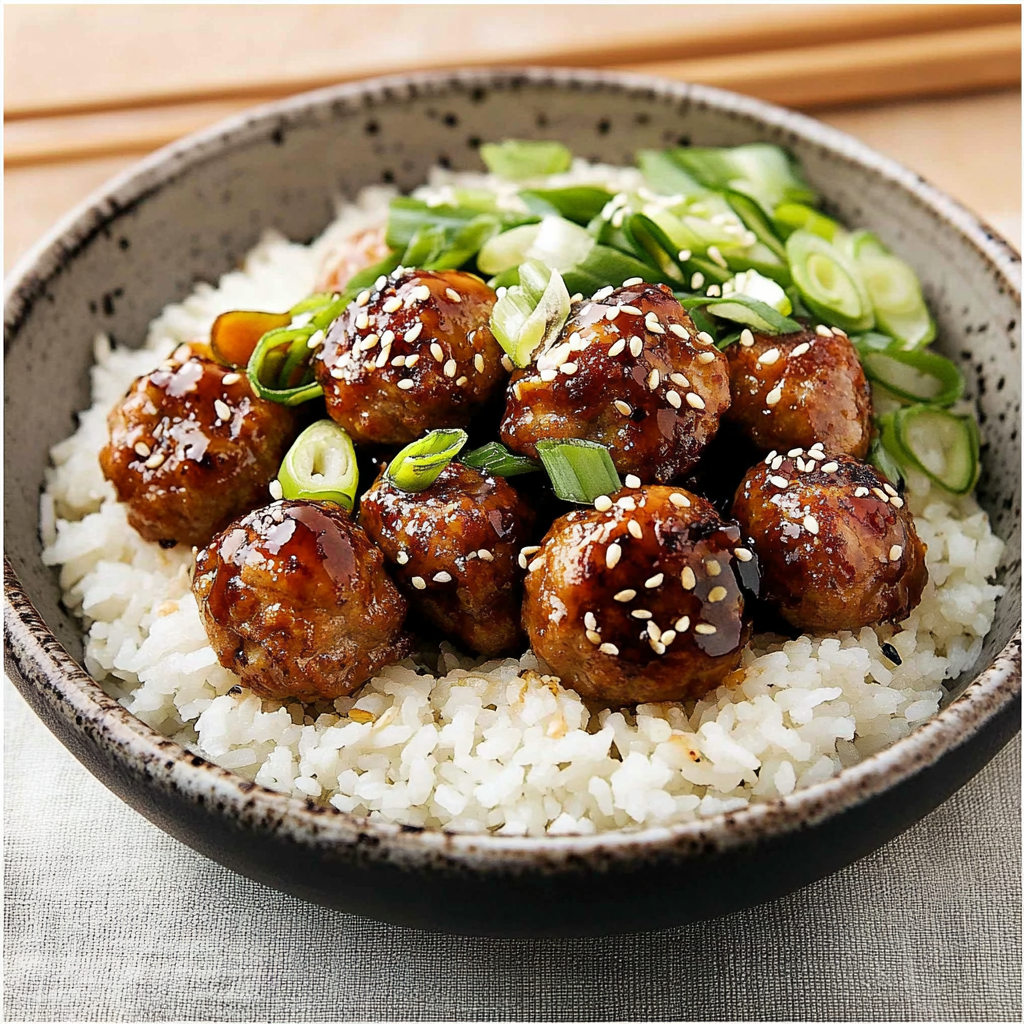 Recipe preparation for Sticky Sesame Garlic Meatballs with Rice