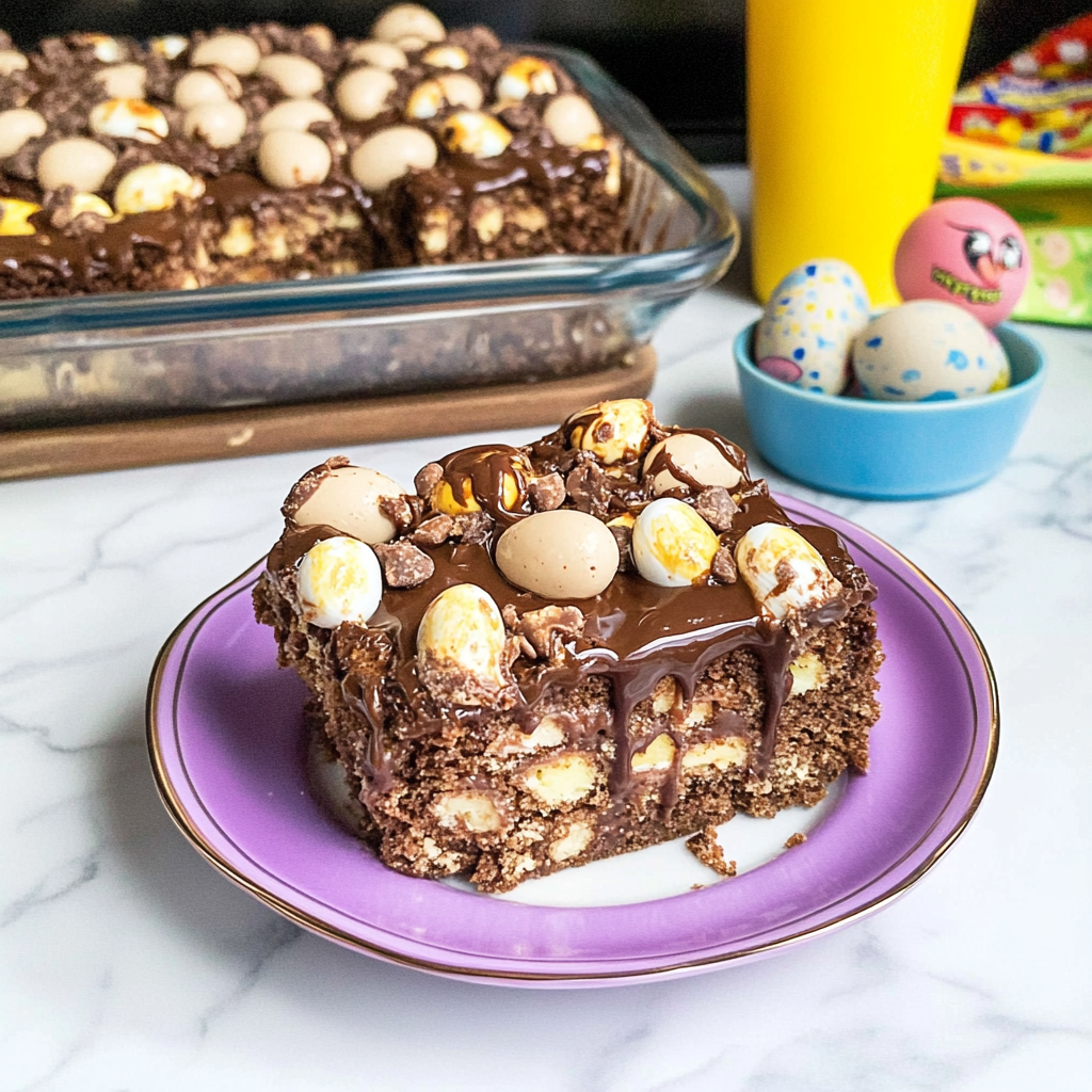 Recipe preparation for Cadbury Creme Egg Poke Cake