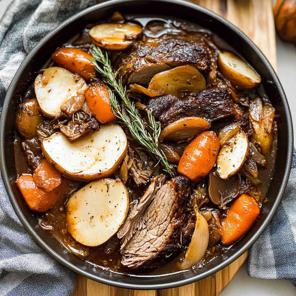 Recipe preparation for Garlic Miso Braised Pot Roast