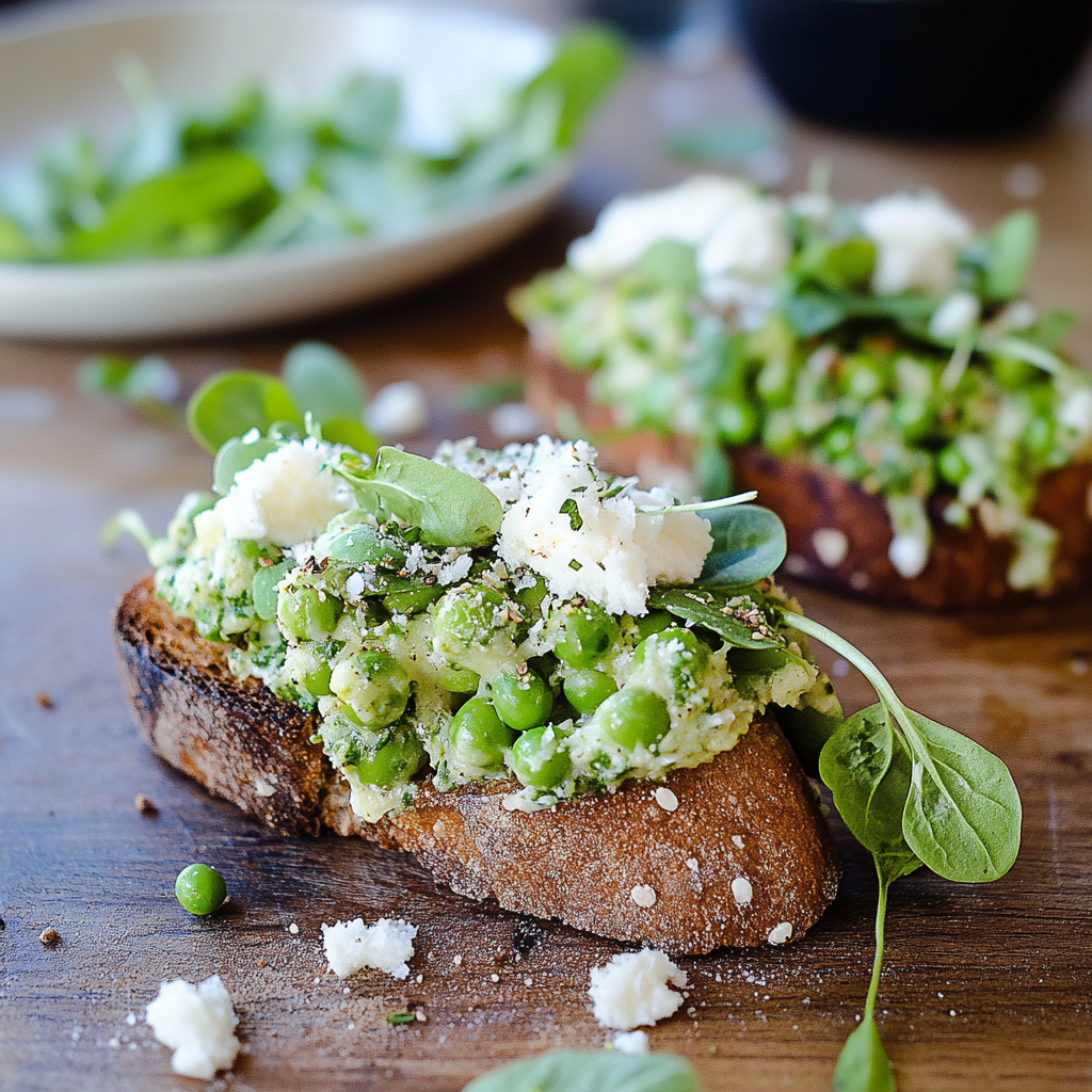 Recipe preparation for Smashed Pea and Goat's Cheese Sandwiches