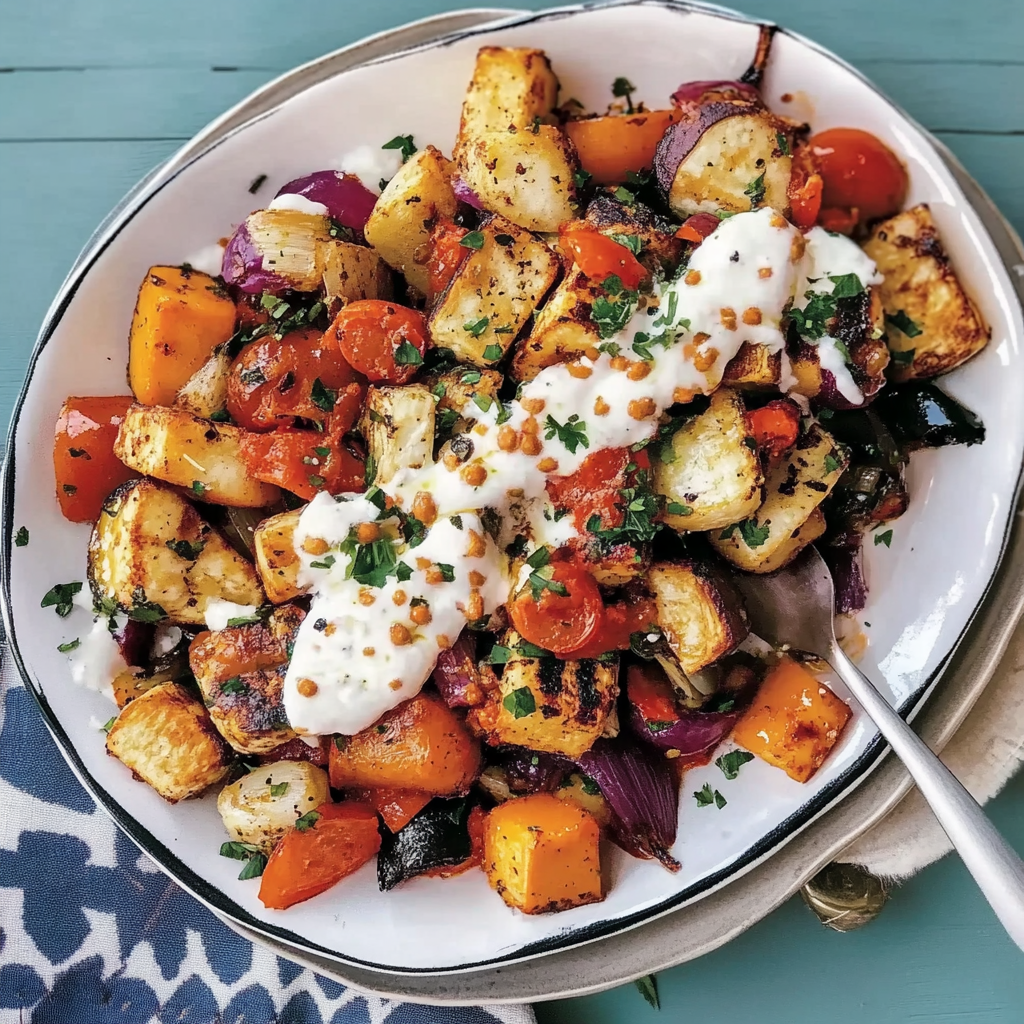 Recipe preparation for Harissa Roasted Veggie & Halloumi Traybake