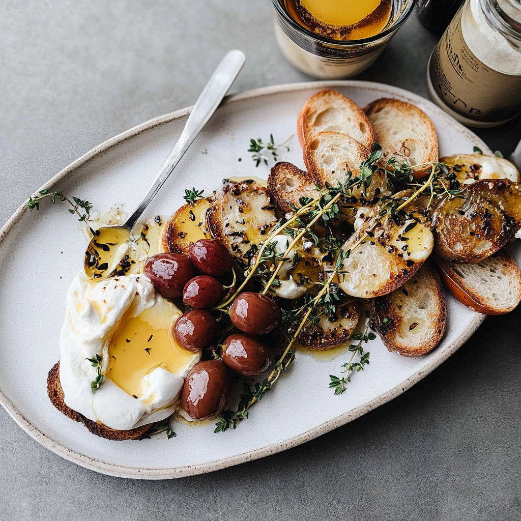 Recipe preparation for Burrata & Roasted Grape Crostini