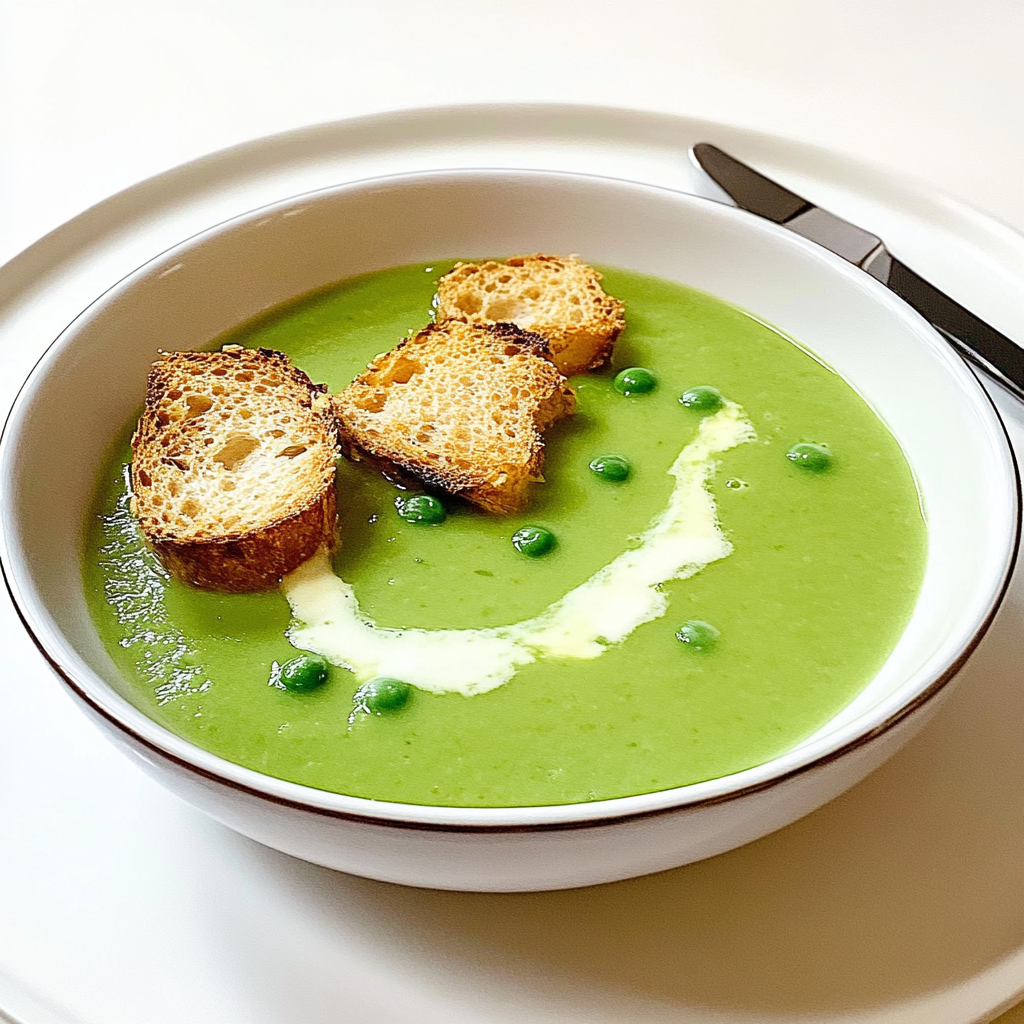 Recipe preparation for Green Pea Soup With Candied Bacon