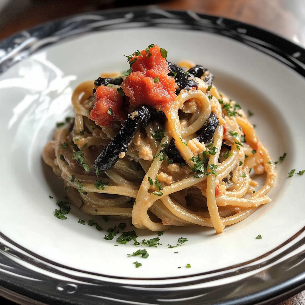 Recipe preparation for Squid Ink Pasta With Soft Shell Crab