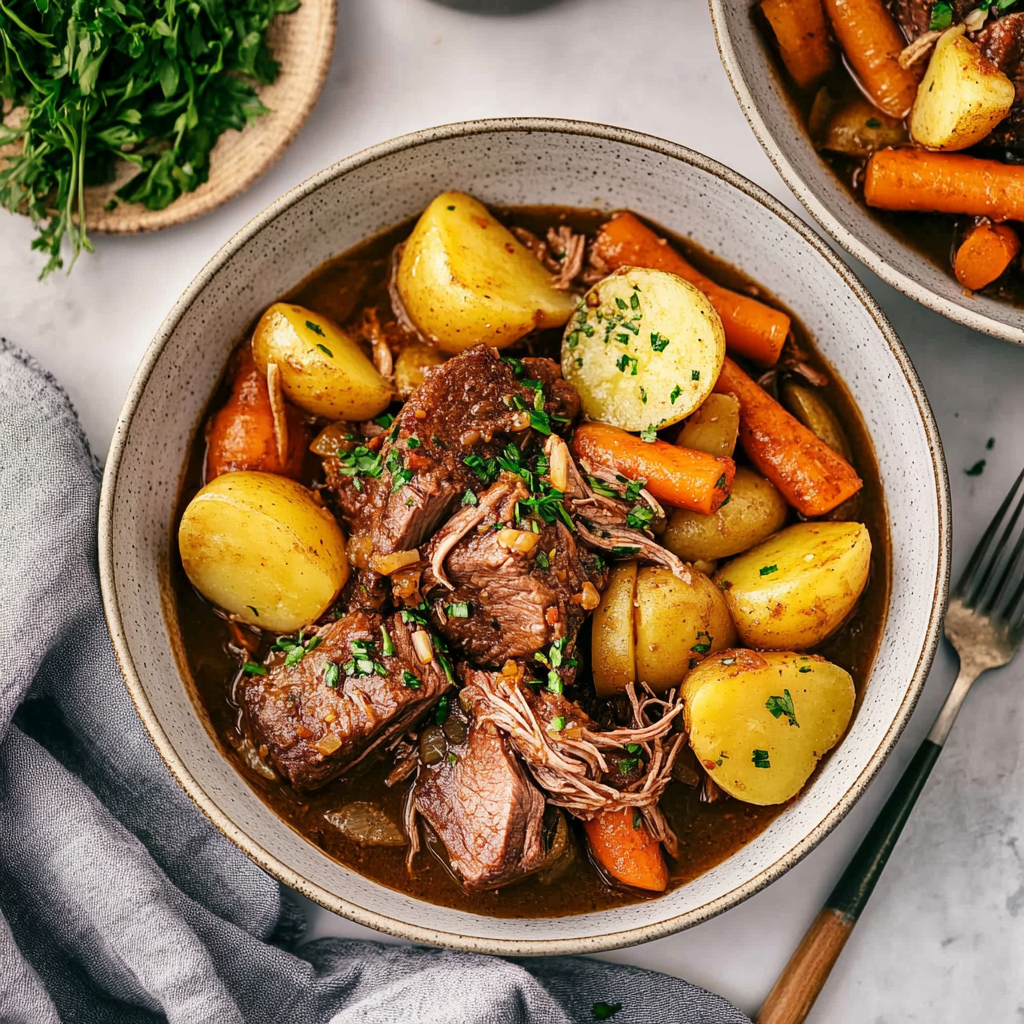 Recipe preparation for Beef Pot Roast with Spring Carrots and New Potatoes