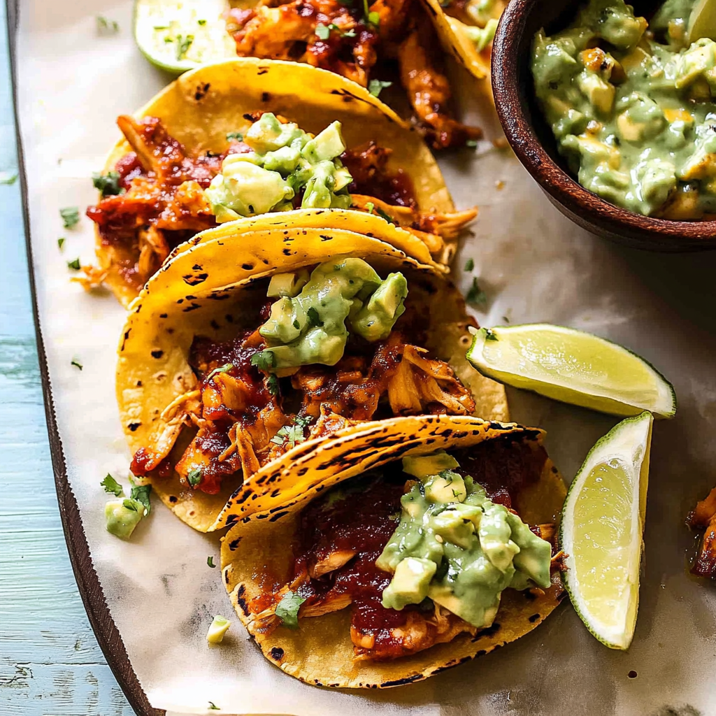 Recipe preparation for Crockpot Crispy Chicken Tinga Tacos with Avocado Jalapeño Crema