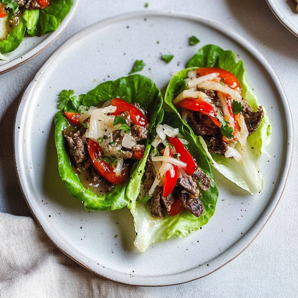 Recipe preparation for Philly Cheesesteak Lettuce Wraps