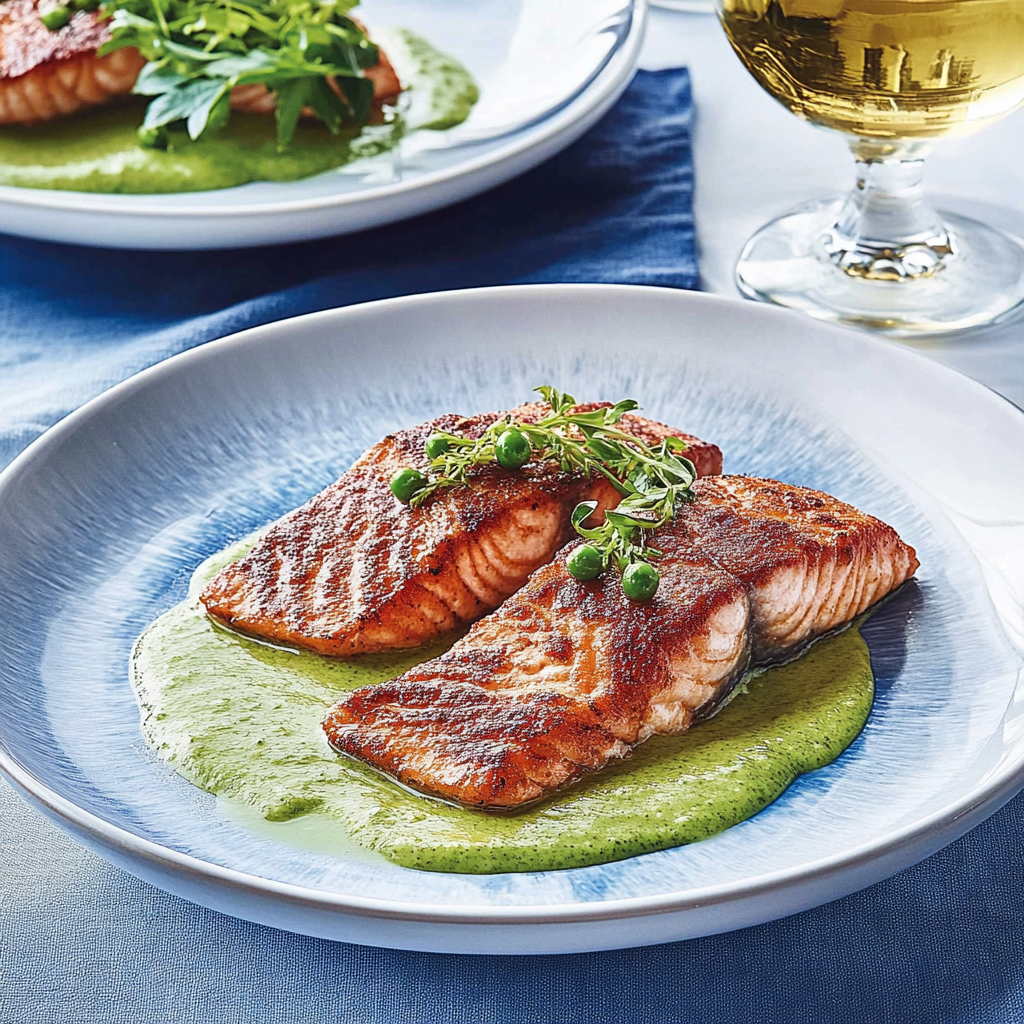 Recipe preparation for Pan Seared Salmon with Peas