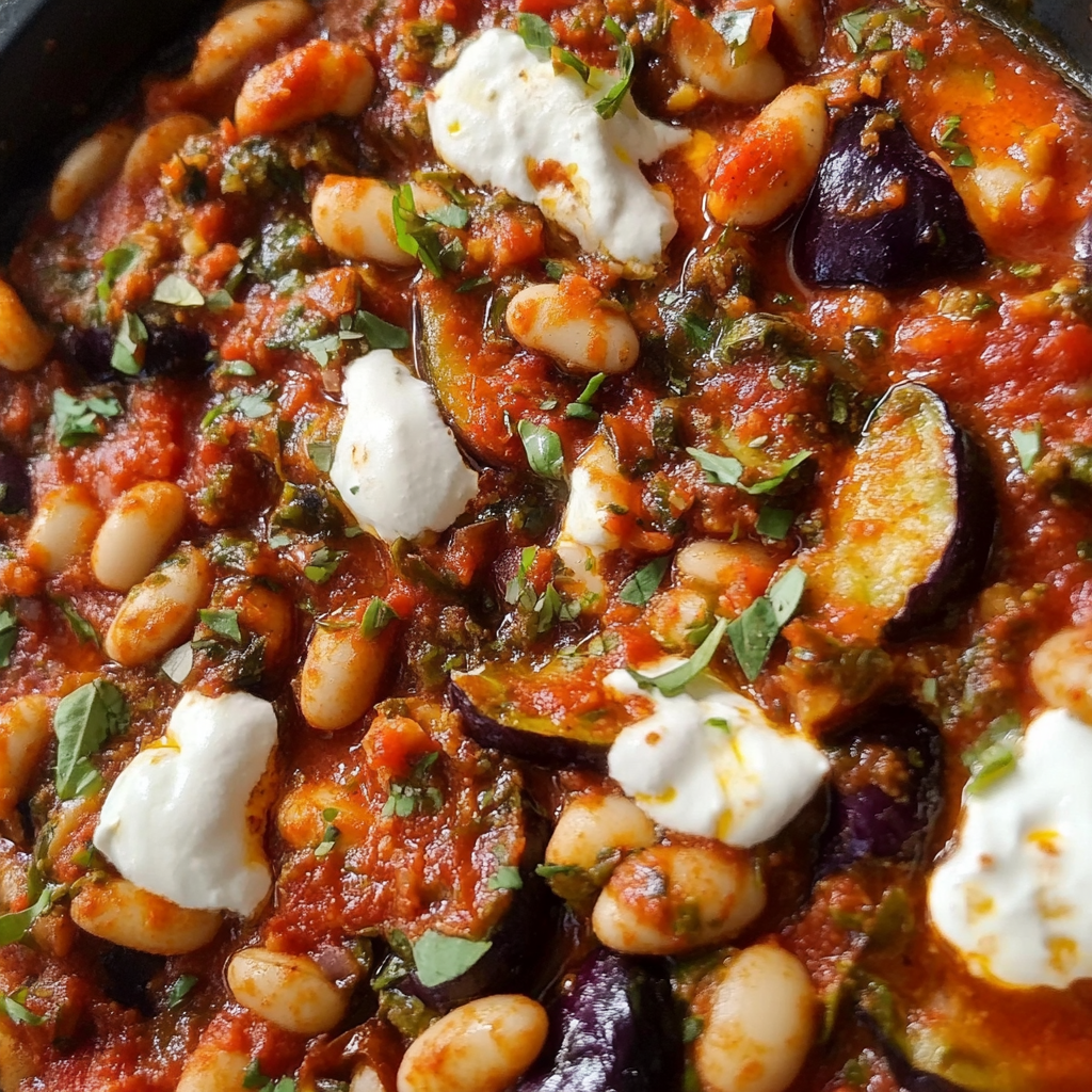 Recipe preparation for Roasted Aubergines and Butter Beans in Chili Pesto