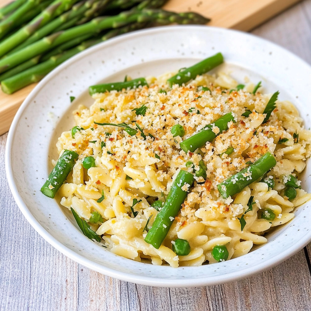 Recipe preparation for Lemony Orzo With Asparagus and Garlic Bread Crumbs